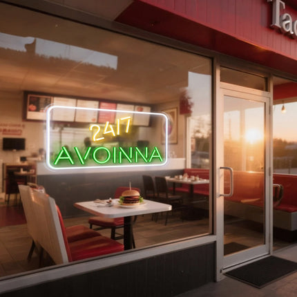 24/7 & Green Avoinna Neon Sign