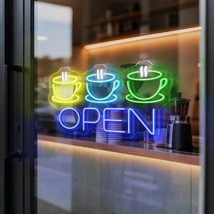 "3 Coffee Cup &" Blue "Open" Neon Sign