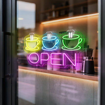 "3 Coffee Cup &" Pink "Open" Neon Sign