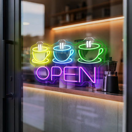 "3 Coffee Cup &" Purple "Open" Neon Sign