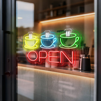 "3 Coffee Cup &" Red "Open" Neon Sign