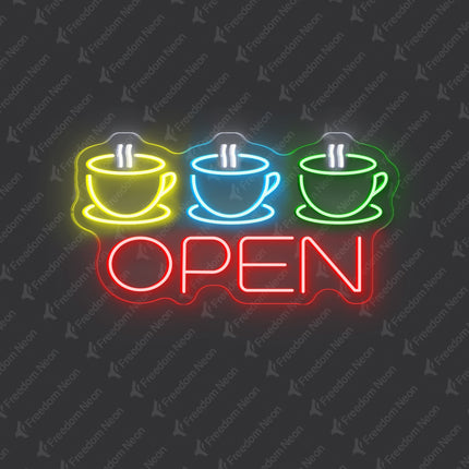 "3 Coffee Cup &" Red "Open" Neon Sign