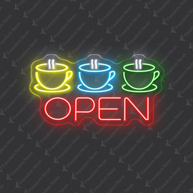 "3 Coffee Cup &" Red "Open" Neon Sign