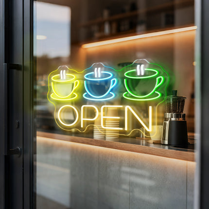 "3 Coffee Cup &" Warm White "Open" Neon Sign