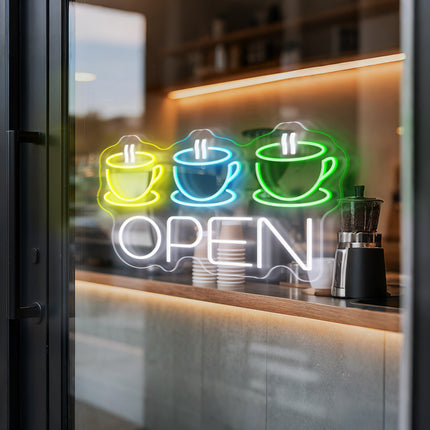 "3 Coffee Cup &" White "Open" Neon Sign