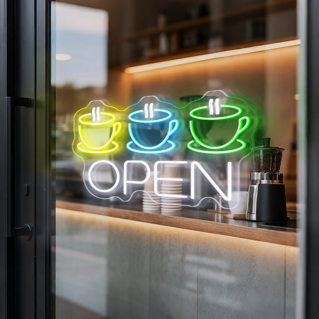 "3 Coffee Cup &" White "Open" Neon Sign