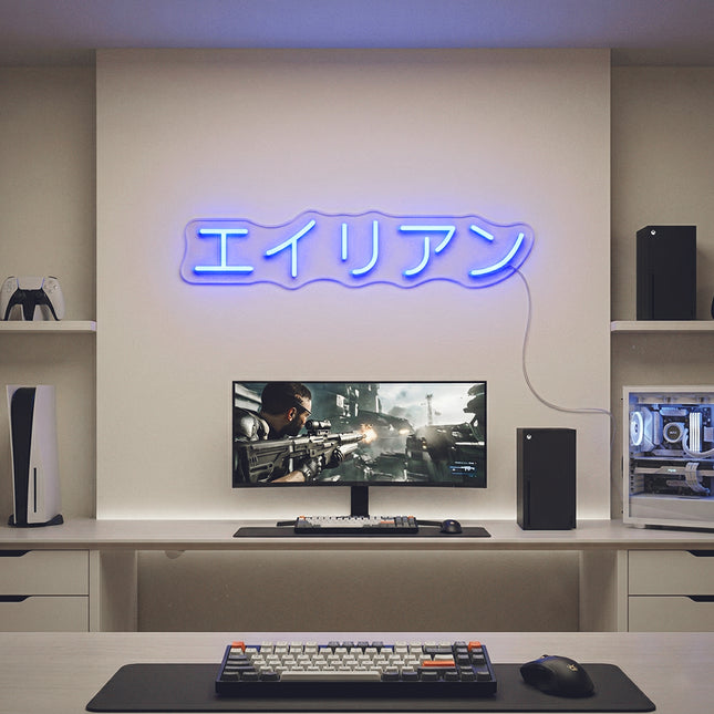 Blue Alien Japanese Text Neon Sign
