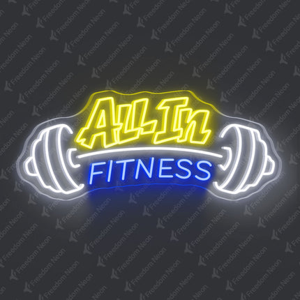 Lemon Yellow and Blue All In Fitness with Barbell Neon Sign