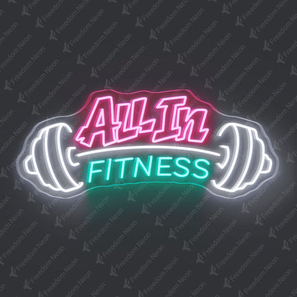 Light Pink and Mint Green All In Fitness with Barbell Neon Sign