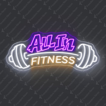 Purple and Warm White All In Fitness with Barbell Neon Sign