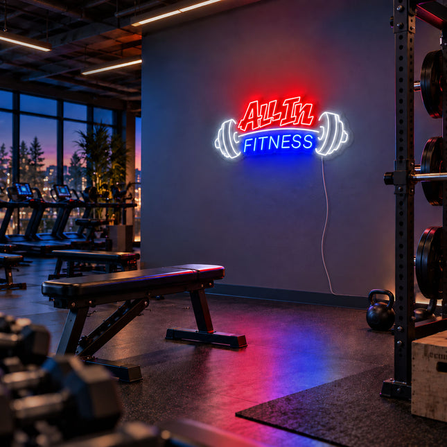 Red and Blue All In Fitness with Barbell Neon Sign