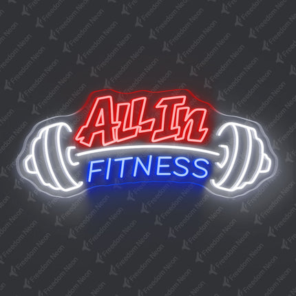 Red and Blue All In Fitness with Barbell Neon Sign