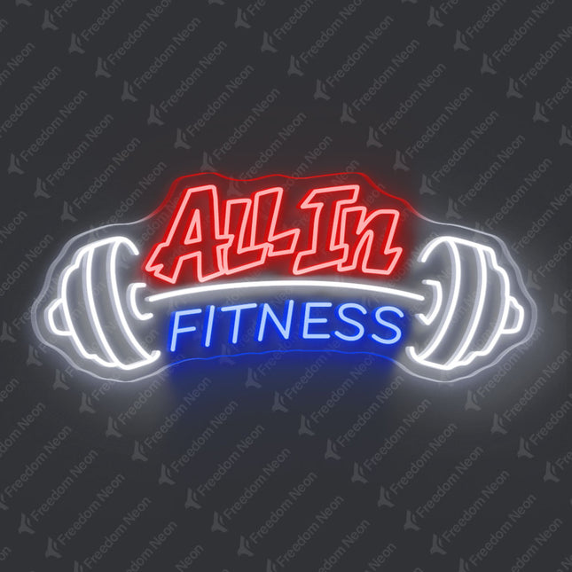 Red and Blue All In Fitness with Barbell Neon Sign