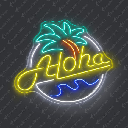 Lemon Yellow Aloha with Palm Tree Neon Sign