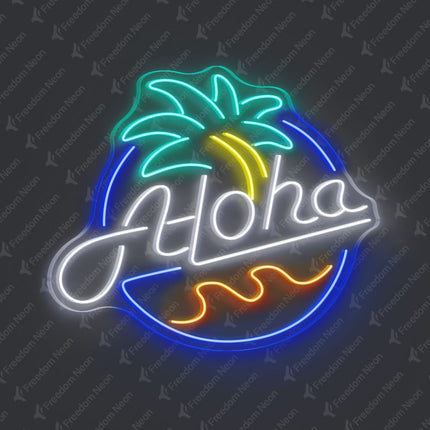 White Aloha with Palm Tree Neon Sign