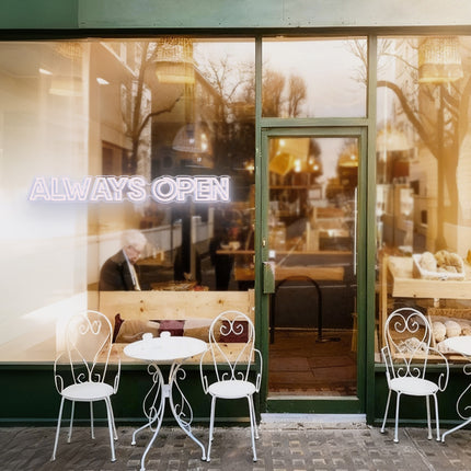 White Always Open Neon Sign