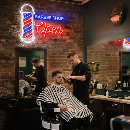 Blue & red Barber Shop Open neon sign