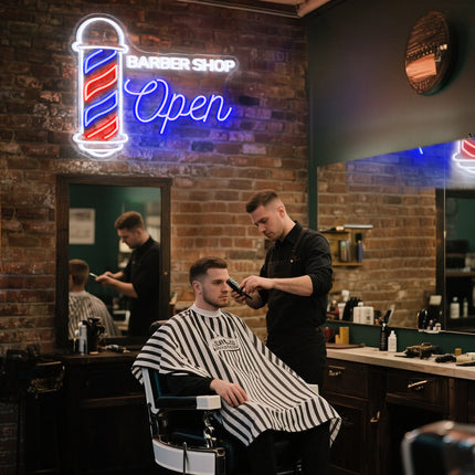 White & blue Barber Shop Open neon sign