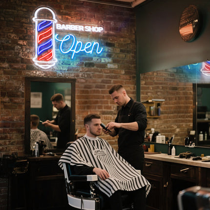 White & ice blue Barber Shop Open neon sign