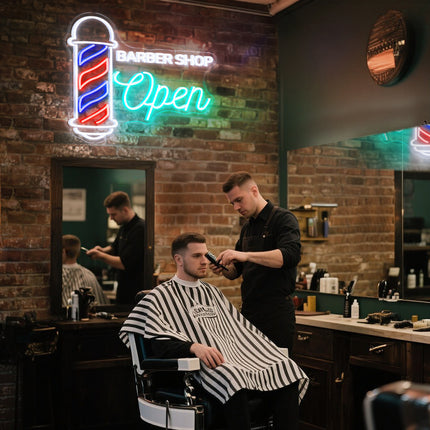 White & mint Barber Shop Open neon sign