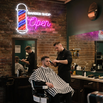 White & pink Barber Shop Open neon sign