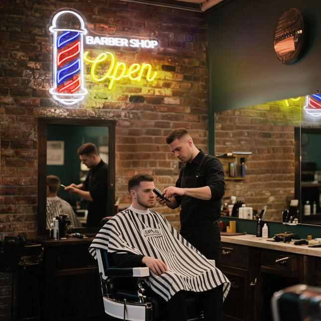 White & yellow Barber Shop Open neon sign