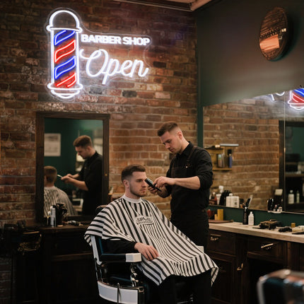 White Barber Shop Open neon sign