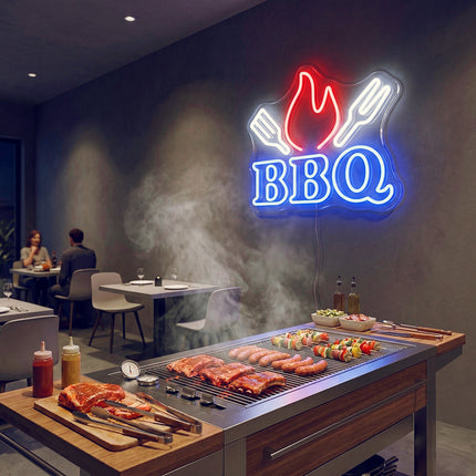 Blue BBQ Flame & Spatulas Neon Sign