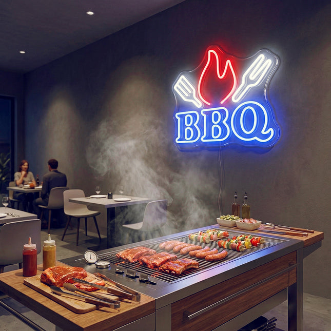 Blue BBQ Flame & Spatulas Neon Sign