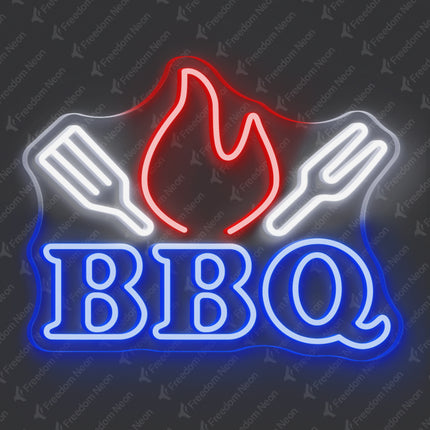 Blue BBQ Flame & Spatulas Neon Sign