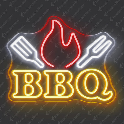 Gold Yellow BBQ Flame & Spatulas Neon Sign
