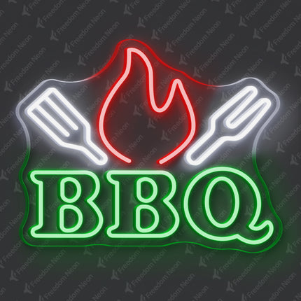 Green BBQ Flame & Spatulas Neon Sign
