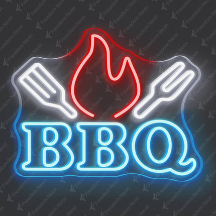 Ice Blue BBQ Flame & Spatulas Neon Sign