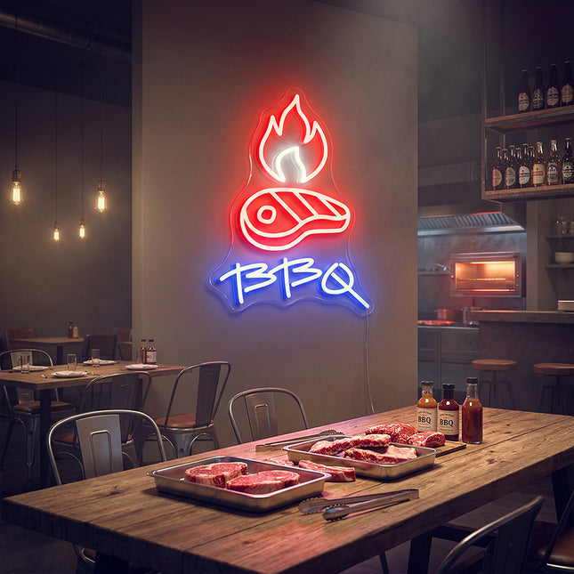 Blue BBQ Steak & Flames LED Neon Sign