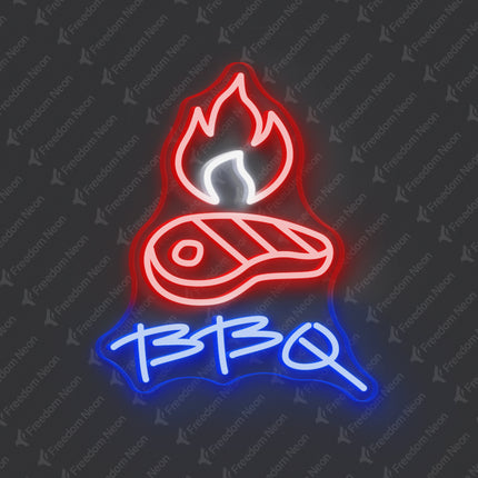 Blue BBQ Steak & Flames LED Neon Sign
