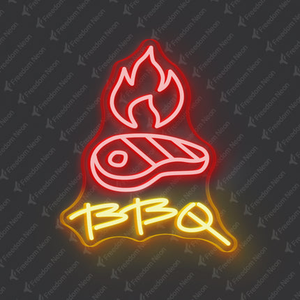 Gold Yellow BBQ Steak & Flames LED Neon Sign