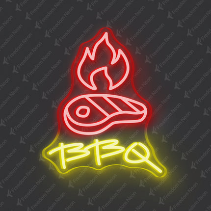 Lemon Yellow BBQ Steak & Flames LED Neon Sign