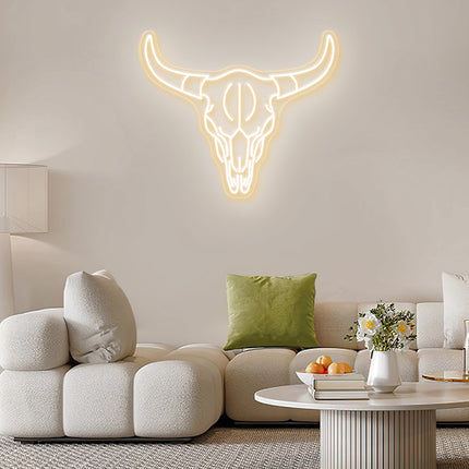 Warm White Bull Skull Neon Sign