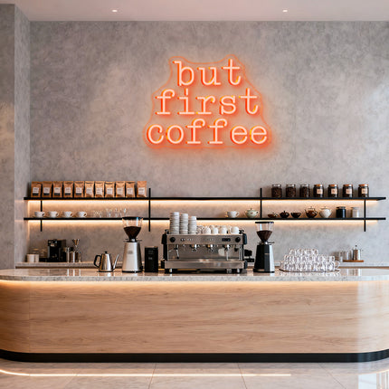 Golden Yellow "But First Coffee" Neon Sign