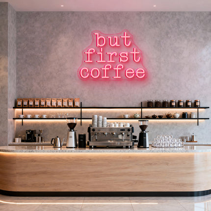 Light Pink "But First Coffee" Neon Sign