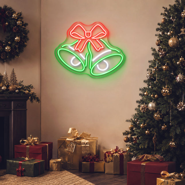 Green Christmas Bell with Red Bow Neon Sign