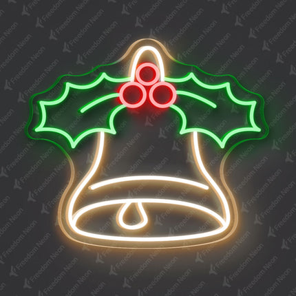 Warm White Christmas Bell with Holly Leaves Neon Sign