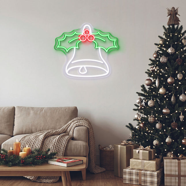 White Christmas Bell with Holly Leaves Neon Sign