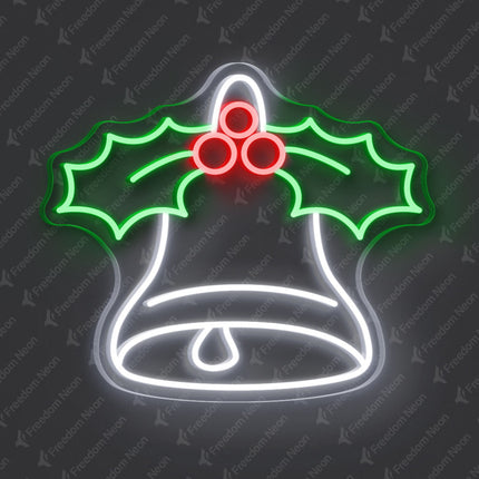 White Christmas Bell with Holly Leaves Neon Sign