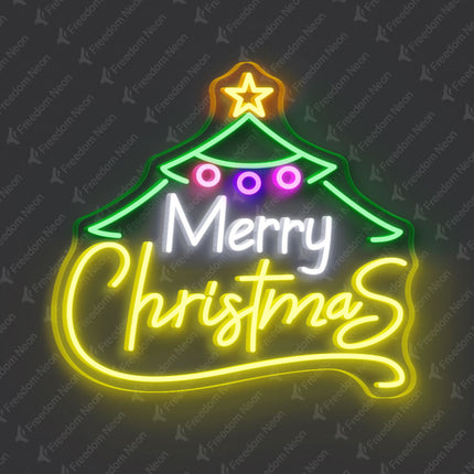 Christmas Tree with Lemon Yellow 'Merry Christmas' Neon Sign 