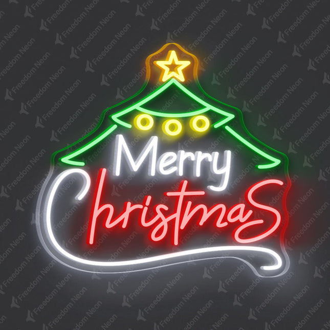 Christmas Tree with Red 'Merry Christmas' Neon Sign