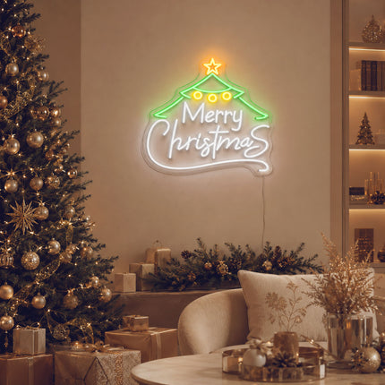 Christmas Tree with White 'Merry Christmas' Neon Sign