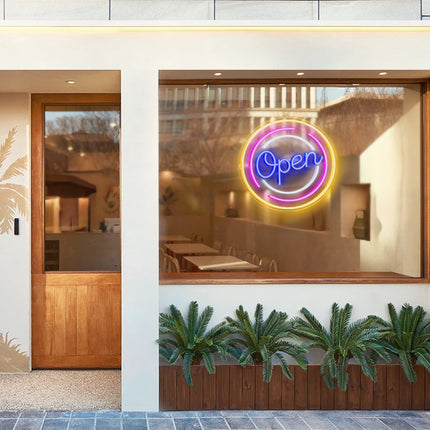 Blue Circular Open Neon Sign