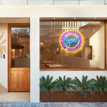 Ice Blue Circular Open Neon Sign