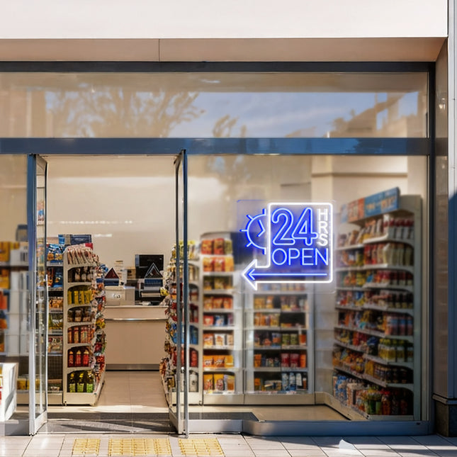 Blue Clock 24 Hrs Left Arrow & Open Neon Sign